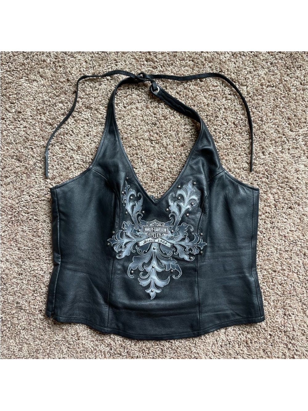 Harley-Davidson Leather Corset Halter Top with Silver Embroidered Crest